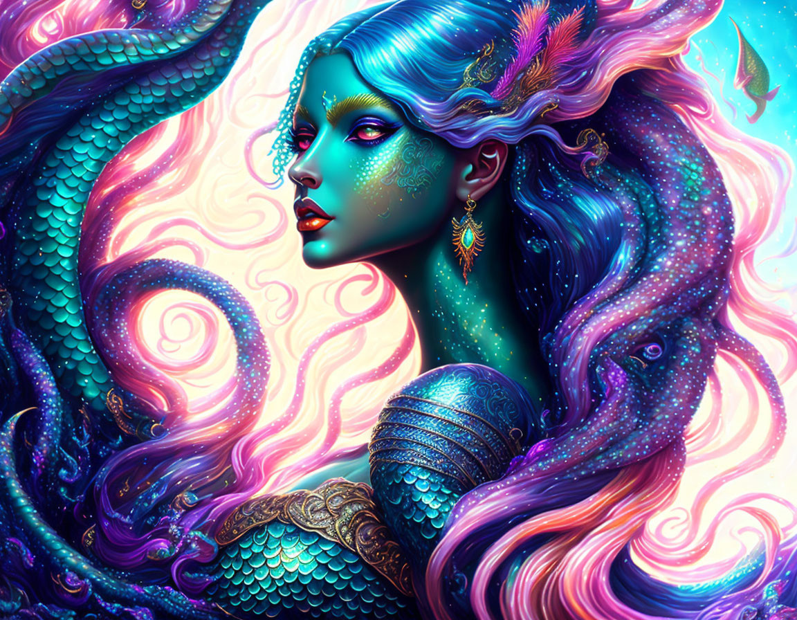 Colorful illustration: Woman with blue skin, mermaid scales, purple hair, gold jewelry in fantast