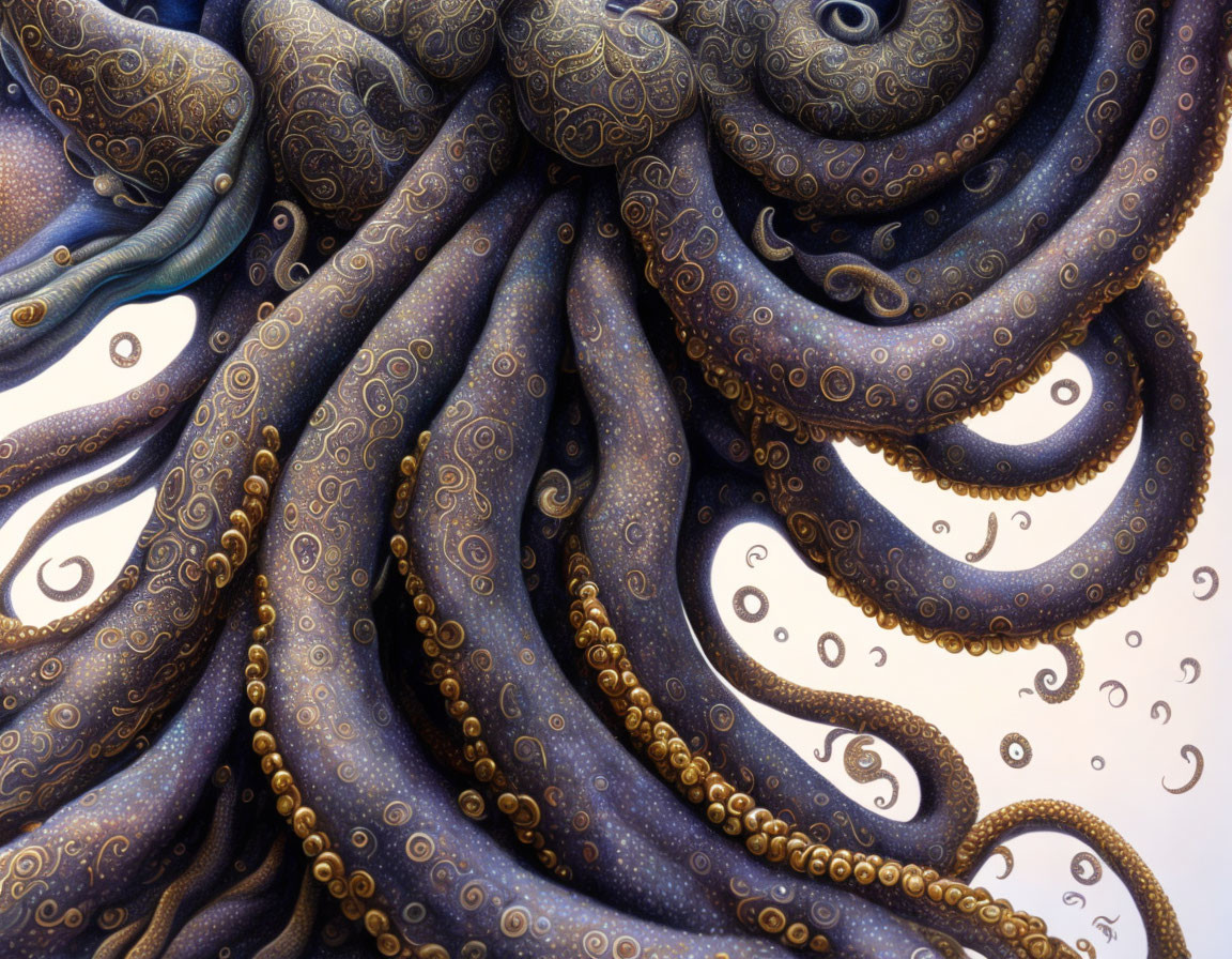 Detailed illustration of golden-patterned tentacles with suckers.