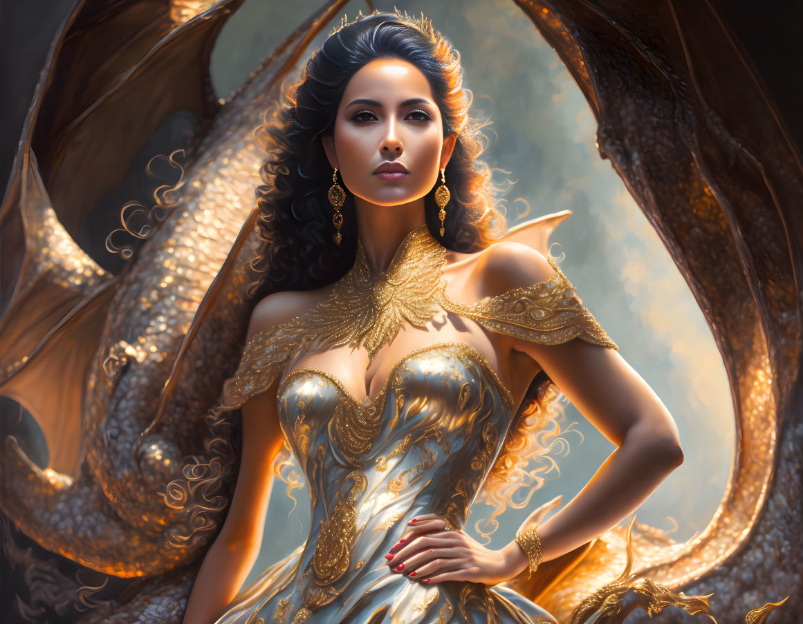 Regal woman in golden attire with dragon motif in fantasy setting