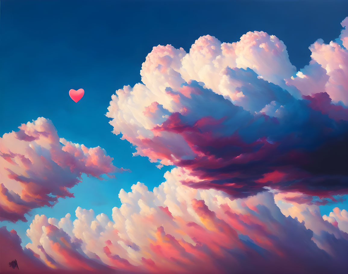 Colorful sunset sky with fluffy clouds and a red heart motif