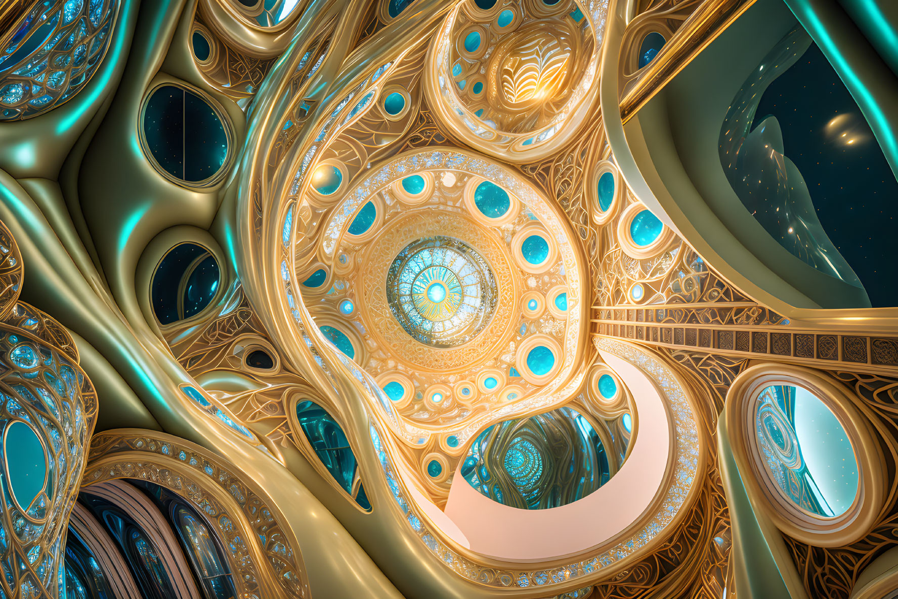 Intricate Gold, Blue & Turquoise Fractal Patterns