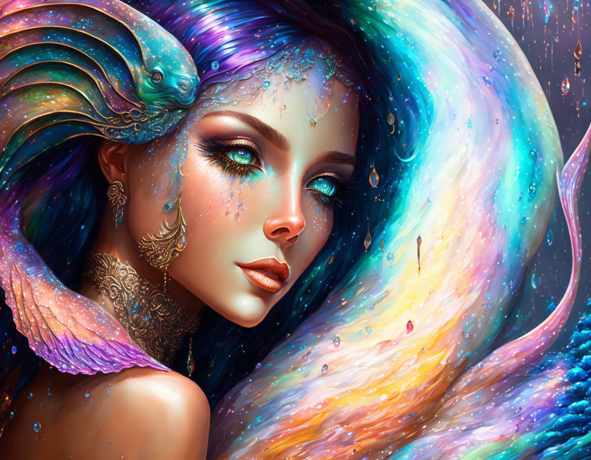 Fantasy illustration: Woman with vibrant cosmic hair and fish, vivid colors.