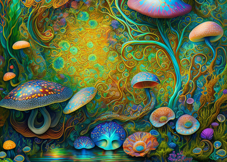 Colorful psychedelic art with mushrooms and intricate patterns