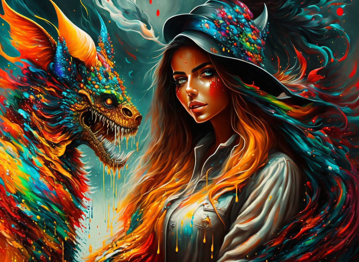 Colorful woman in cosmic hat beside intricate dragon illustration