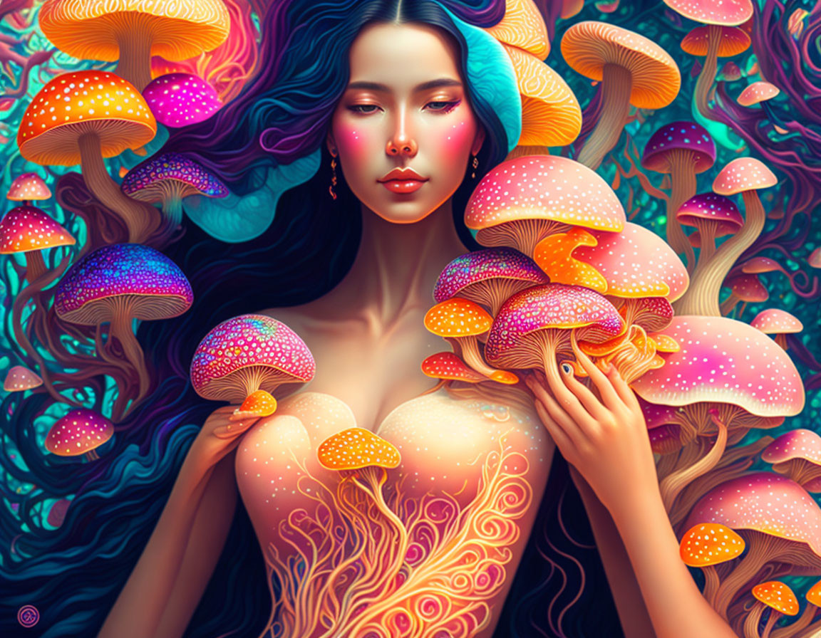 Colorful surreal illustration: Woman with blue and purple hair among fantastical mushrooms