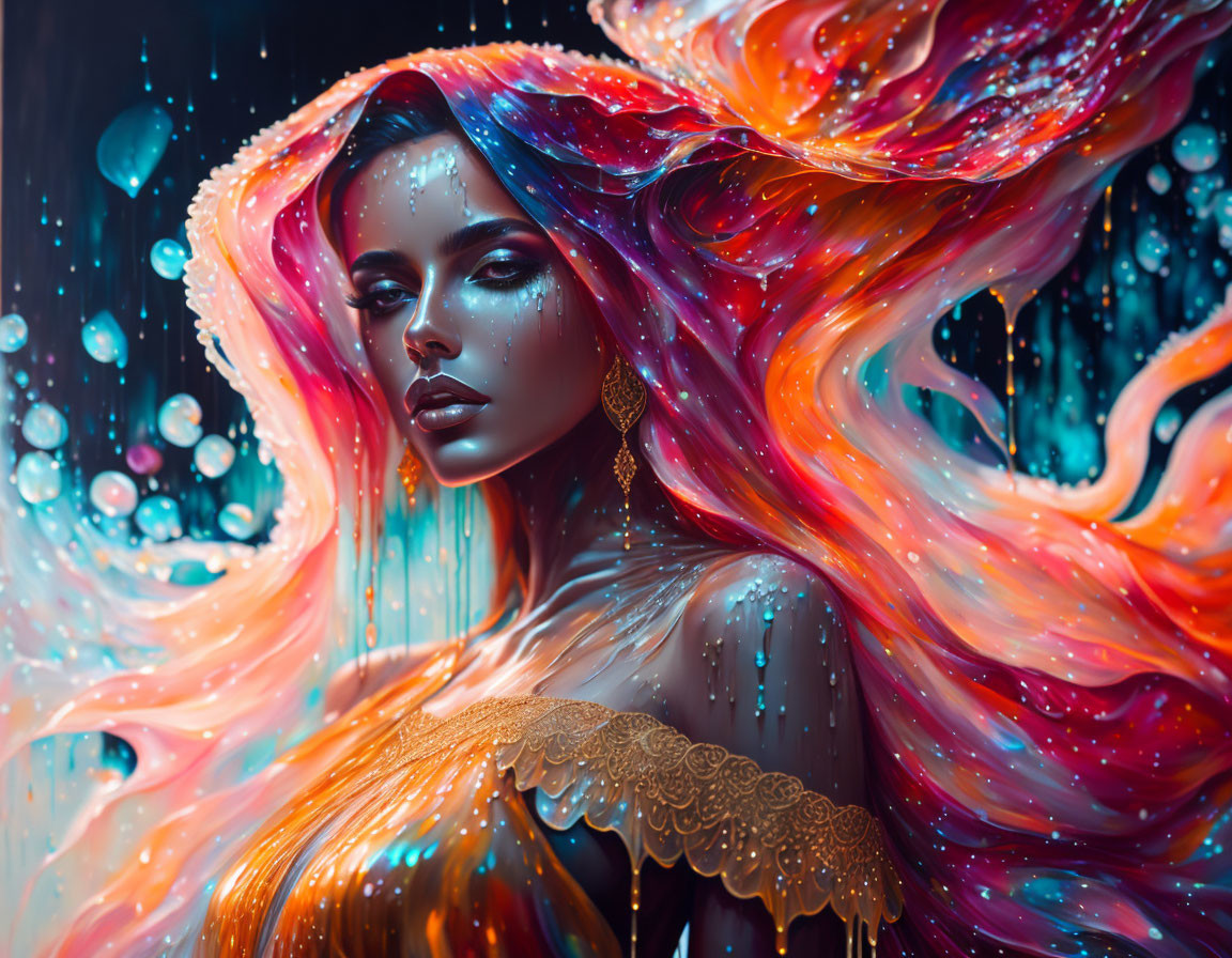 Colorful artwork featuring woman with multicolored hair and glittering skin under luminescent droplets