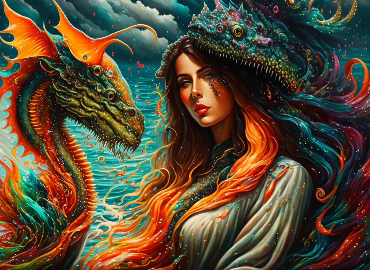 Vibrant dragon artwork featuring mystical woman and swirling elements