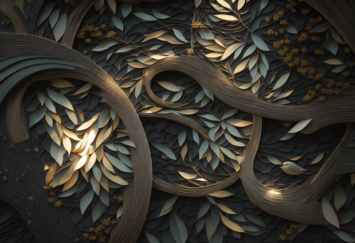 Swirling wooden patterns with layered blue leaves and golden accents