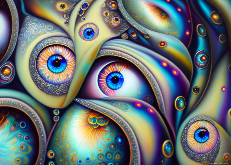 Colorful digital artwork: stylized eyes with intricate iris patterns on flowing backdrop