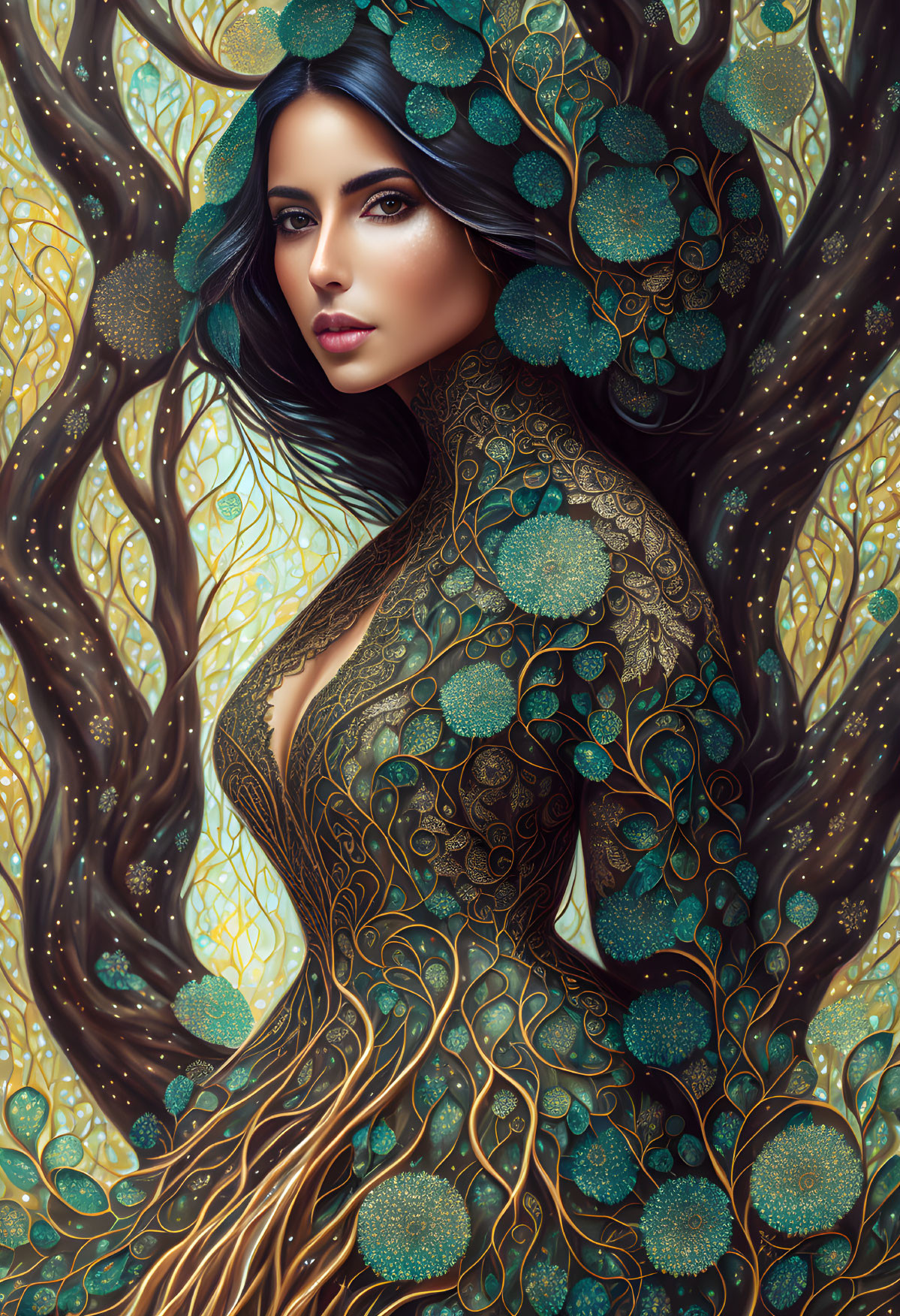Dark-Haired Woman Blended into Tree Pattern with Golden and Turquoise Leaves