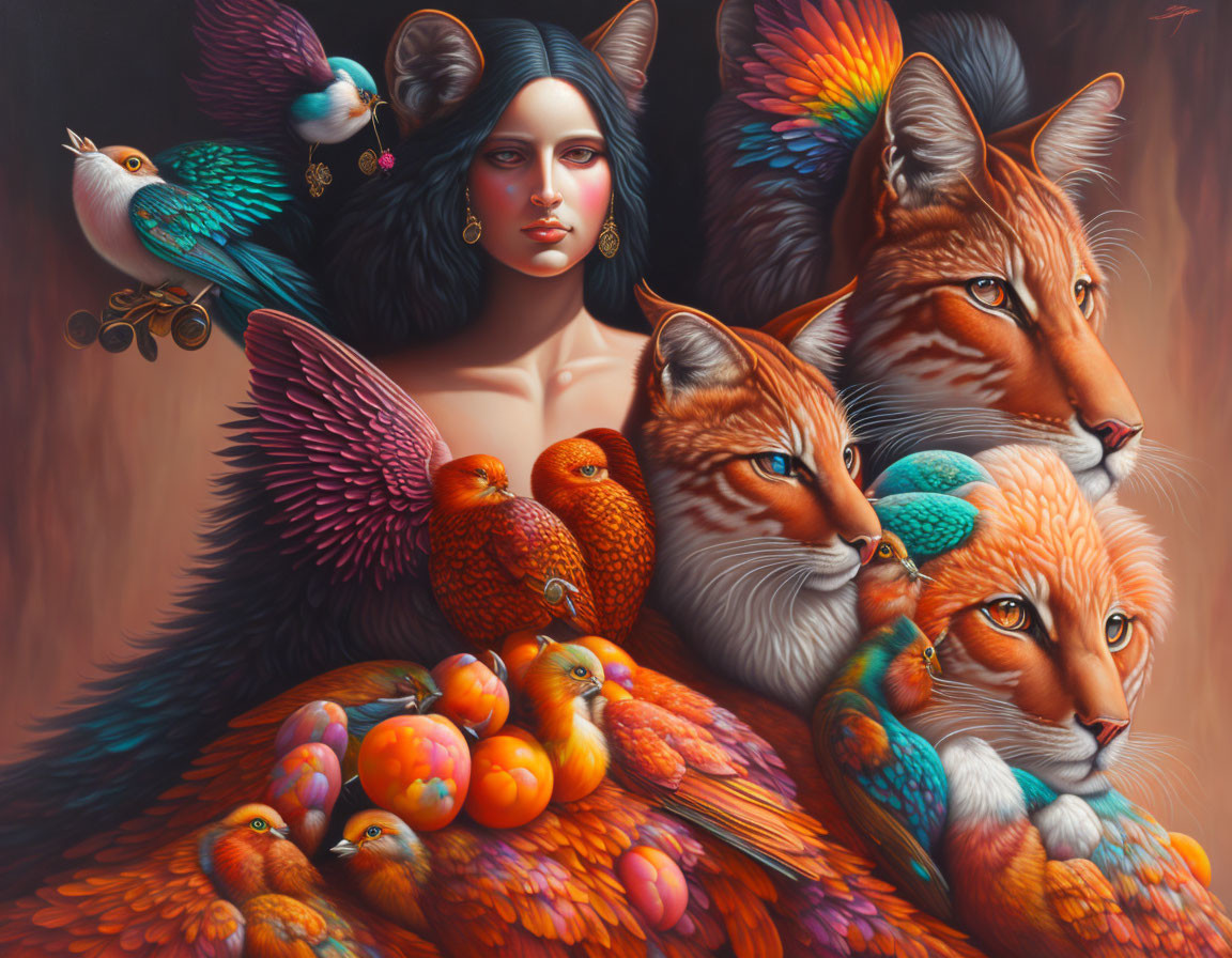 Dark-haired woman with colorful birds and foxes on warm background