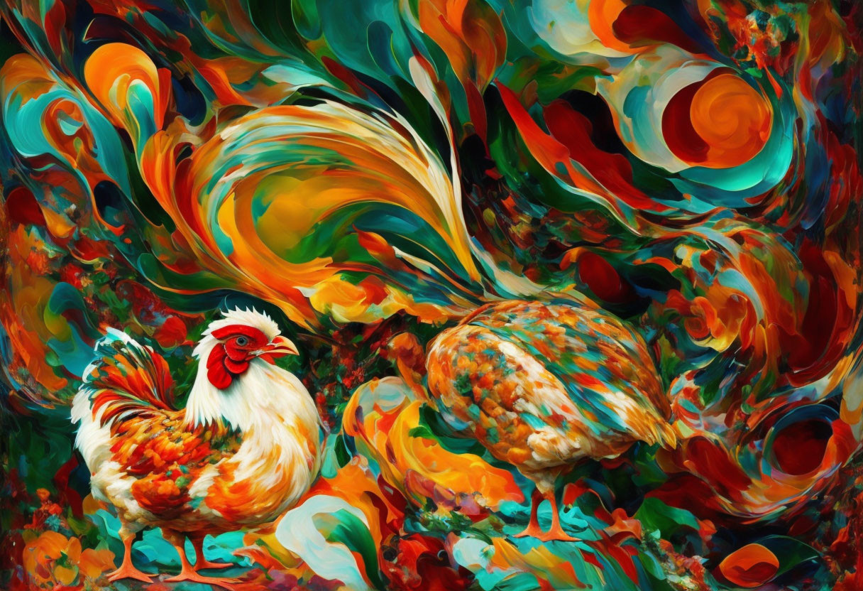 Colorful Abstract Painting of Rooster and Hen in Swirling Patterns