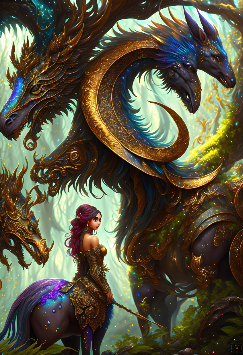 Woman and serpentine dragons in lush, golden forest landscape