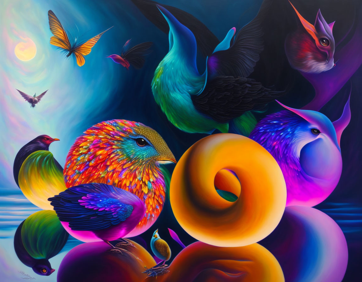 Colorful Birds, Insects, and Orange Spiral in Surreal Painting