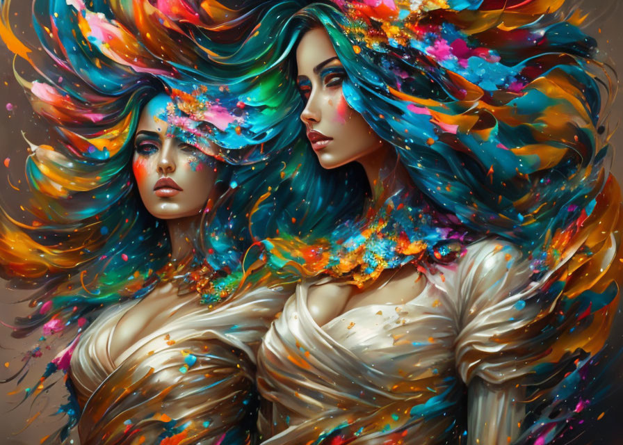 Vibrant women with colorful flowing hair in dynamic pose