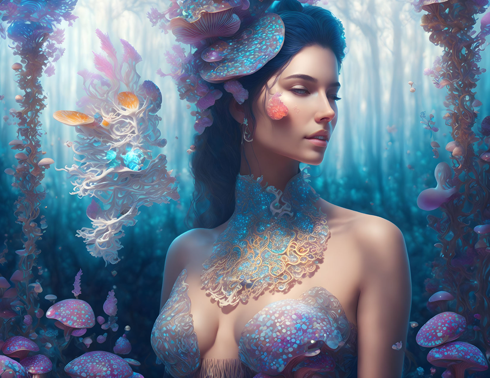 Mystical woman adorned with marine-themed elements in underwater scene