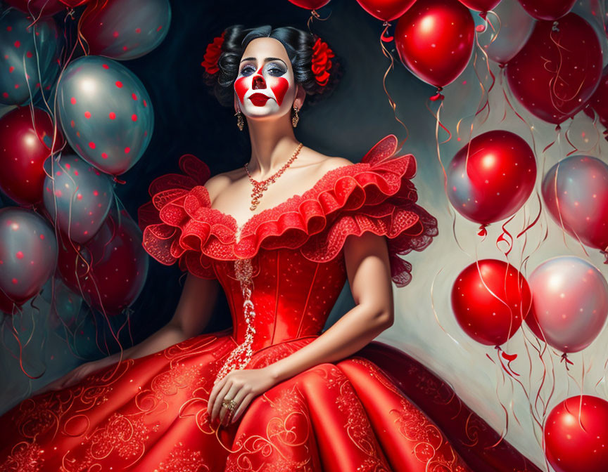 Woman in clown makeup and red dress with floating red balloons in whimsical setting