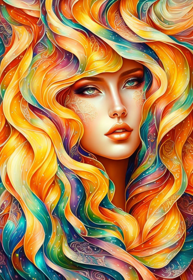 Vibrant digital art: woman with rainbow hair and fantasy makeup