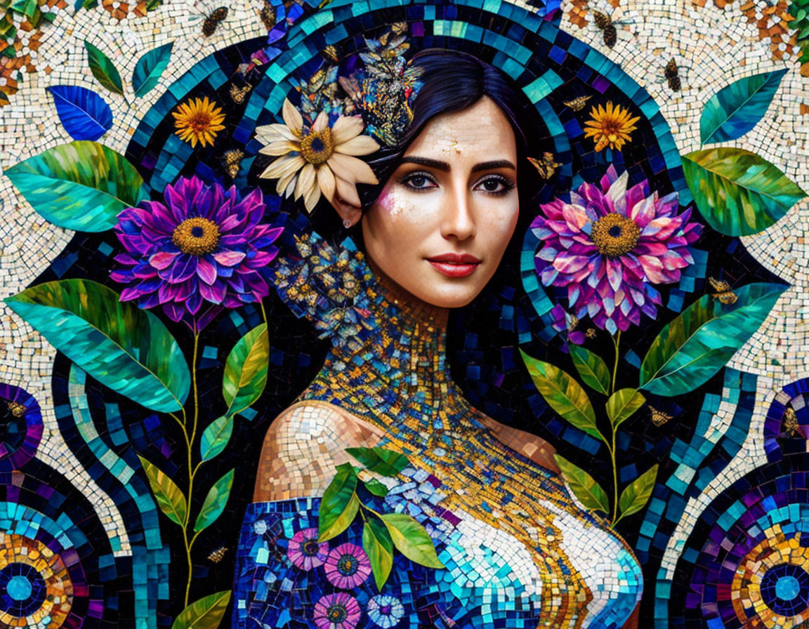 Dark-haired woman with striking makeup merged with colorful floral mosaic.