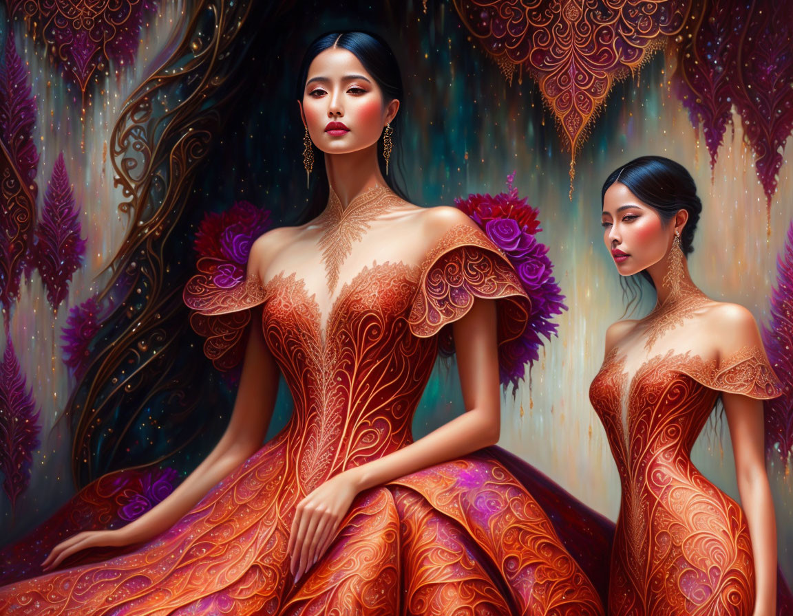 Two women in ornate orange dresses with feather-like details against a mystical, colorful backdrop