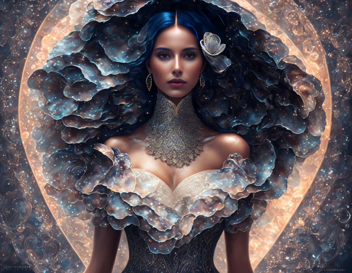 Blue-haired woman in cosmic-themed attire with lace choker and shell-like dress.