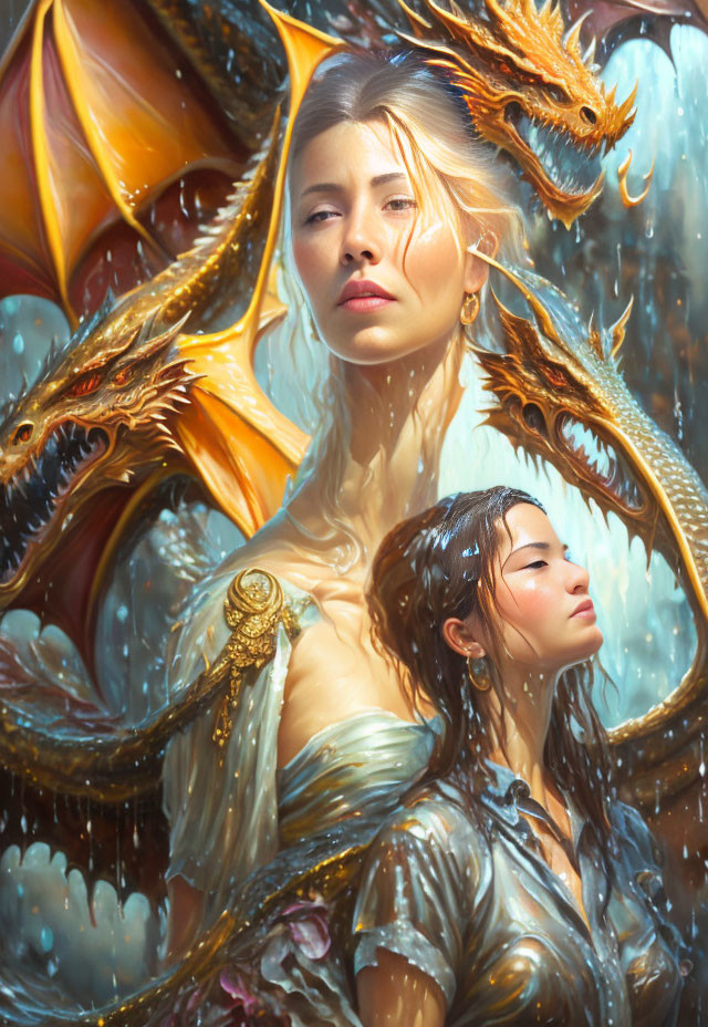 Ethereal women and golden dragons under luminous sky
