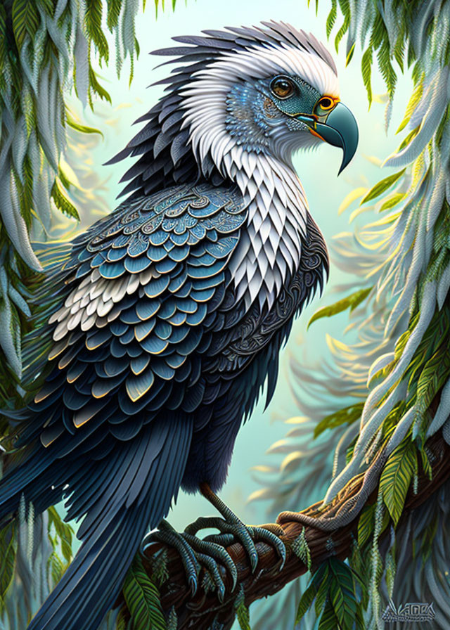 Detailed illustration: Majestic eagle with blue and white feathers perched on lush green branch