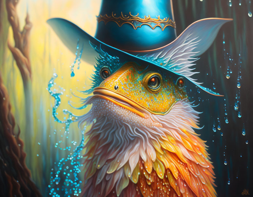 Surreal bird with long beard and hat in golden wheat setting