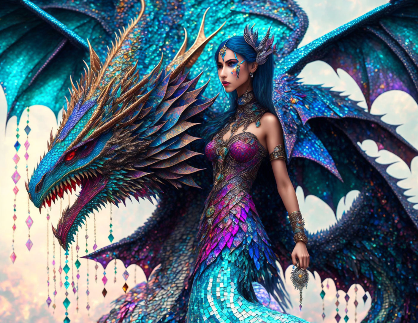 Fantasy illustration of woman in blue dragon-scale armor with detailed dragon.