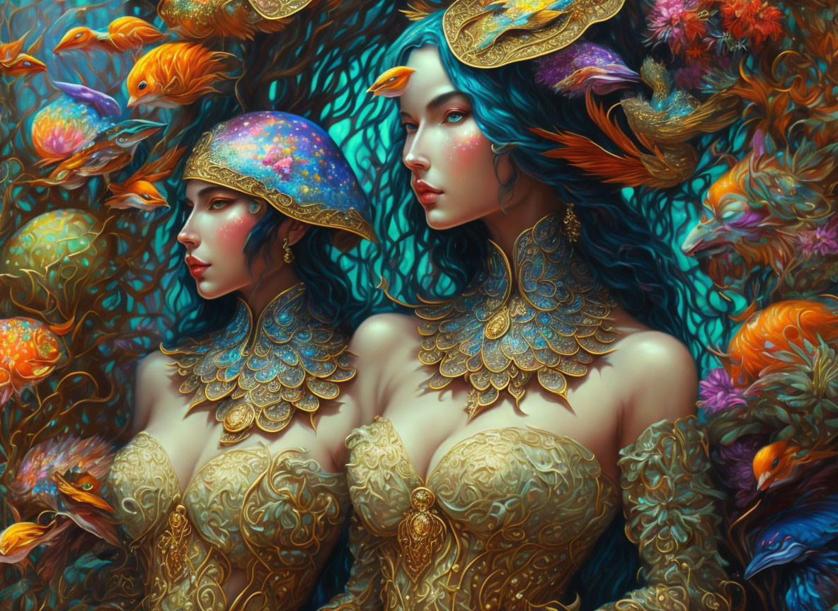 Two women in golden armor with headdresses among exotic birds and lush flora