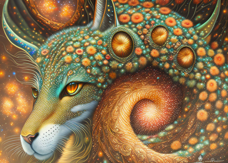 Cosmic feline with swirling galaxies and golden-orange eyes
