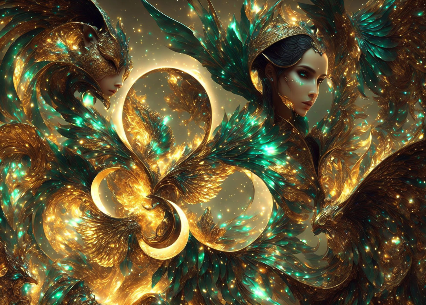 Fantasy Artwork: Elaborate Feather Structures & Golden Masks
