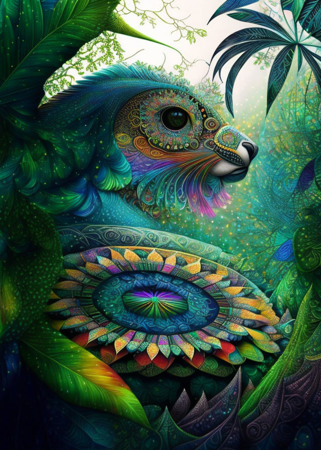 Colorful Peacock Illustration in Lush Jungle Setting