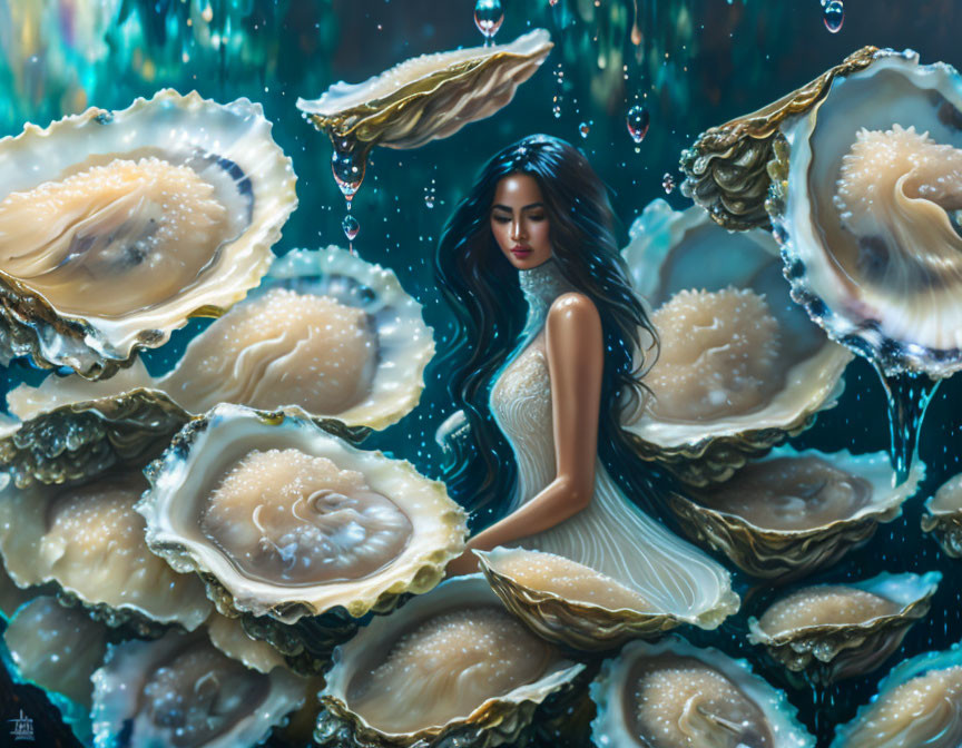 Woman Surrounded by Ethereal Oyster Shells and Pearls in Underwater Fantasy