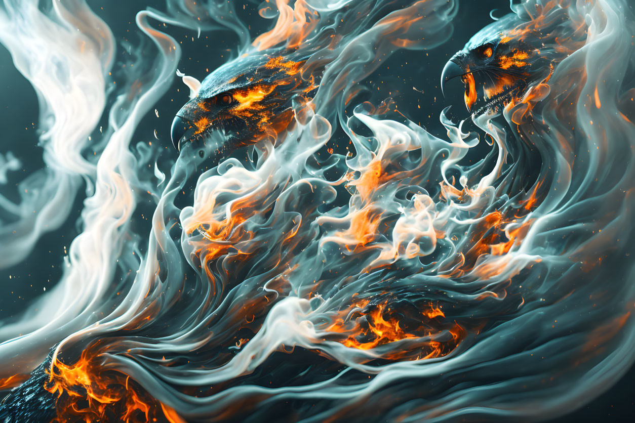 Vibrant abstract artwork: swirling flames and smoke in orange, blue, and gray hues