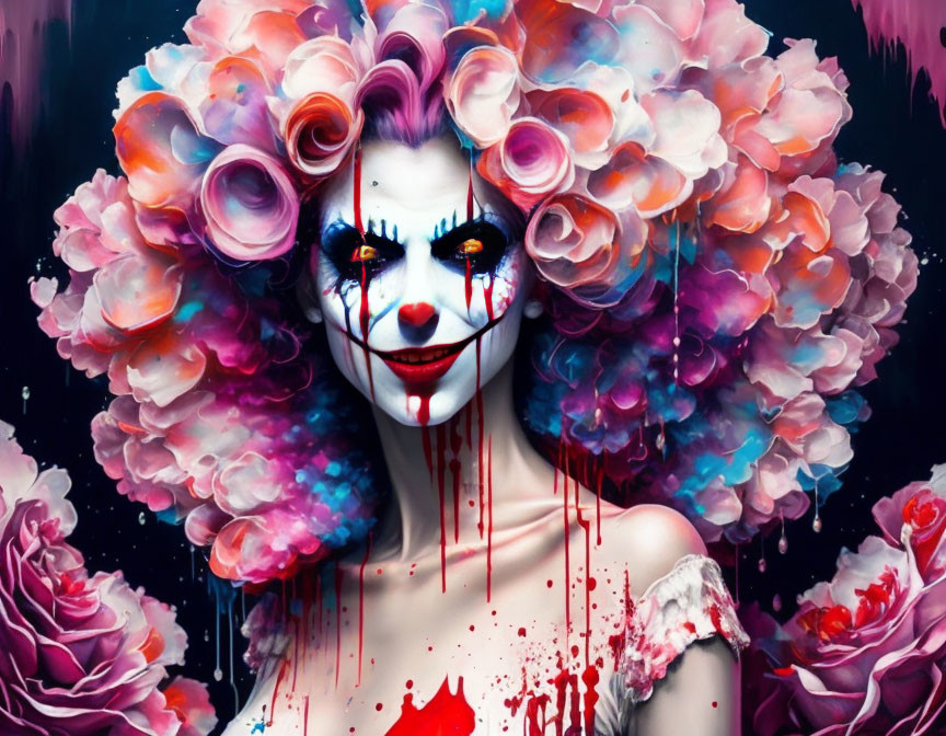 Person in clown makeup with multicolored flower headpiece in blood-like backdrop