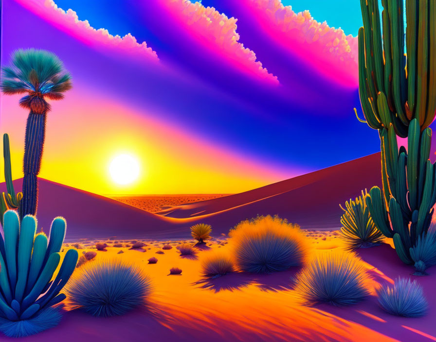 Colorful digital desert sunset with stylized cacti and surreal sky