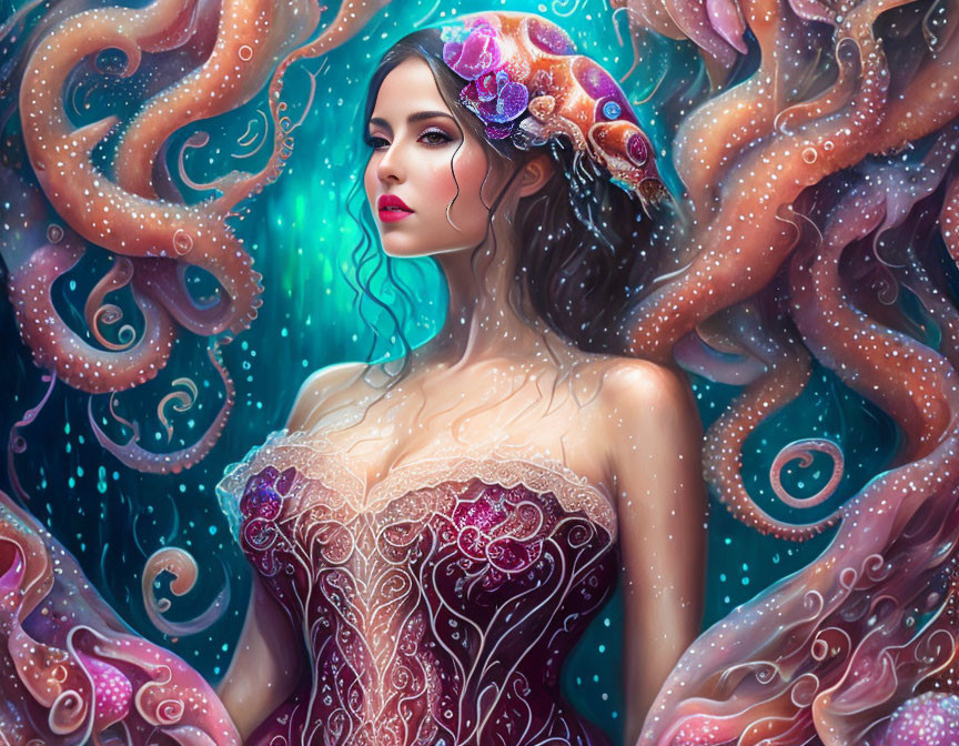 Colorful portrait of a woman with octopus-like features and ocean-themed headpiece