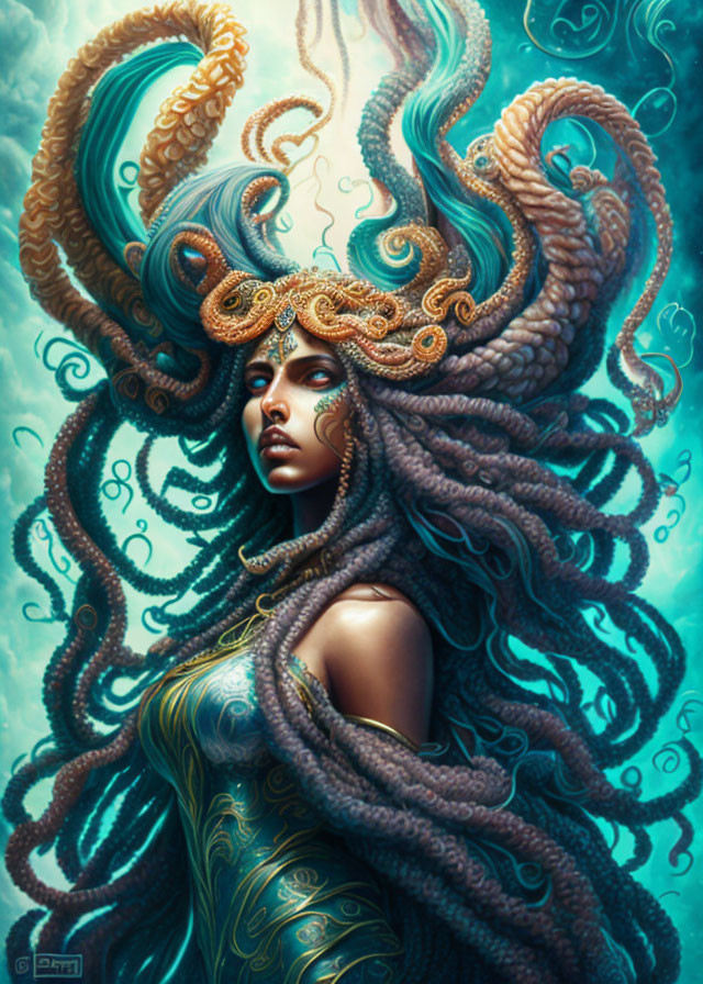 Mystical woman with octopus-like tentacle hair and golden ornaments on turquoise backdrop