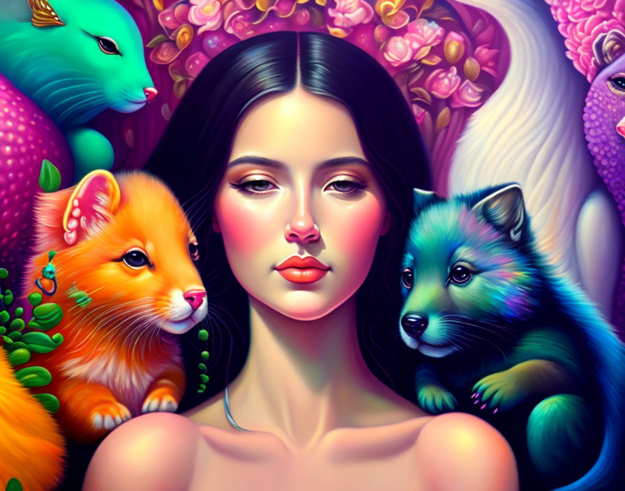 Digital portrait of woman with serene expression amid vibrant animals and lush flora