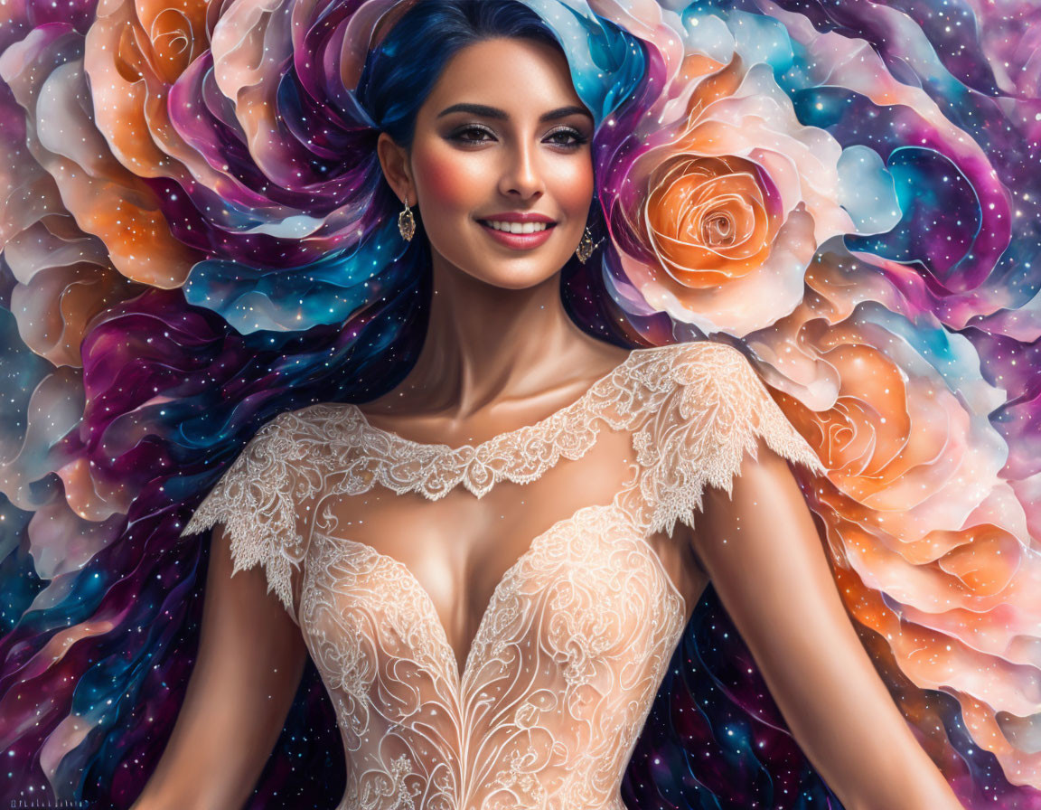 Dark-haired woman in lace dress amidst vibrant cosmic swirls and roses.