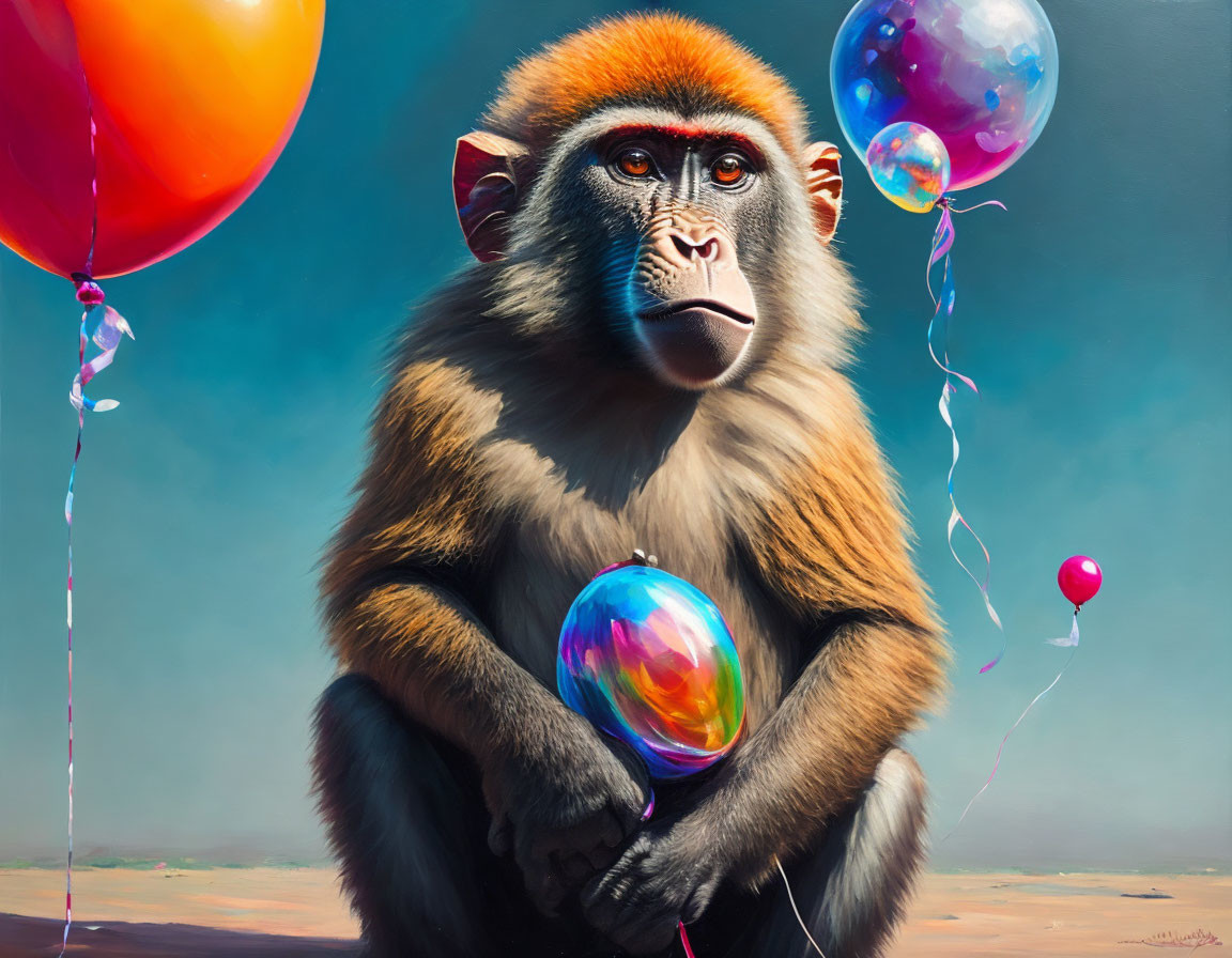 Colorful Baboon with Iridescent Balloon and Floating Balloons