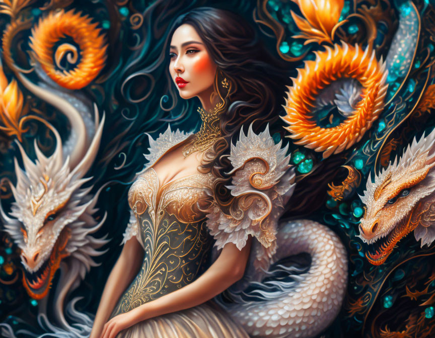 Fantasy illustration: Elegant woman, dragons, floral patterns