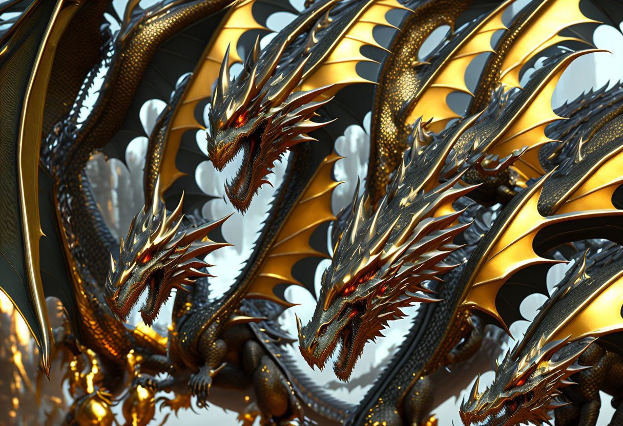 Golden multi-headed dragon with intricate scales in metallic abstract setting