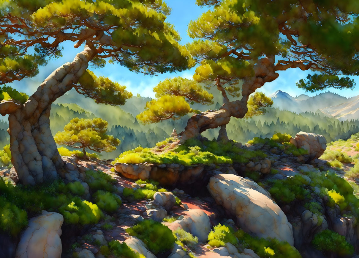 Scenic landscape with twisted pine trees and rocky terrain