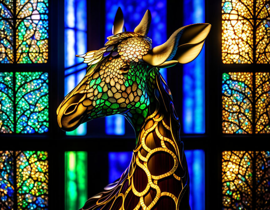 Colorful Giraffe Silhouette on Blue Stained-Glass Window