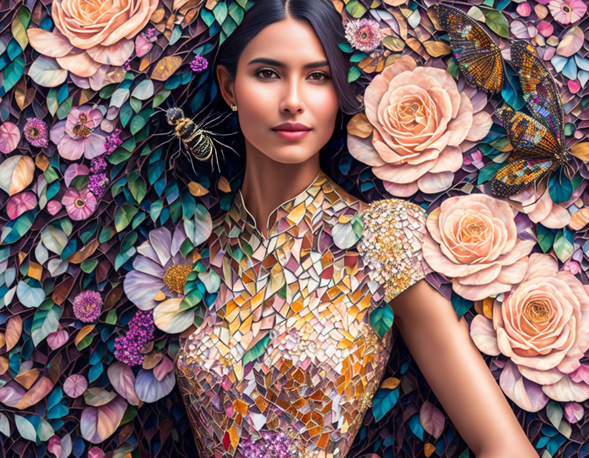 Woman with sleek hair in mosaic-patterned dress against floral backdrop.