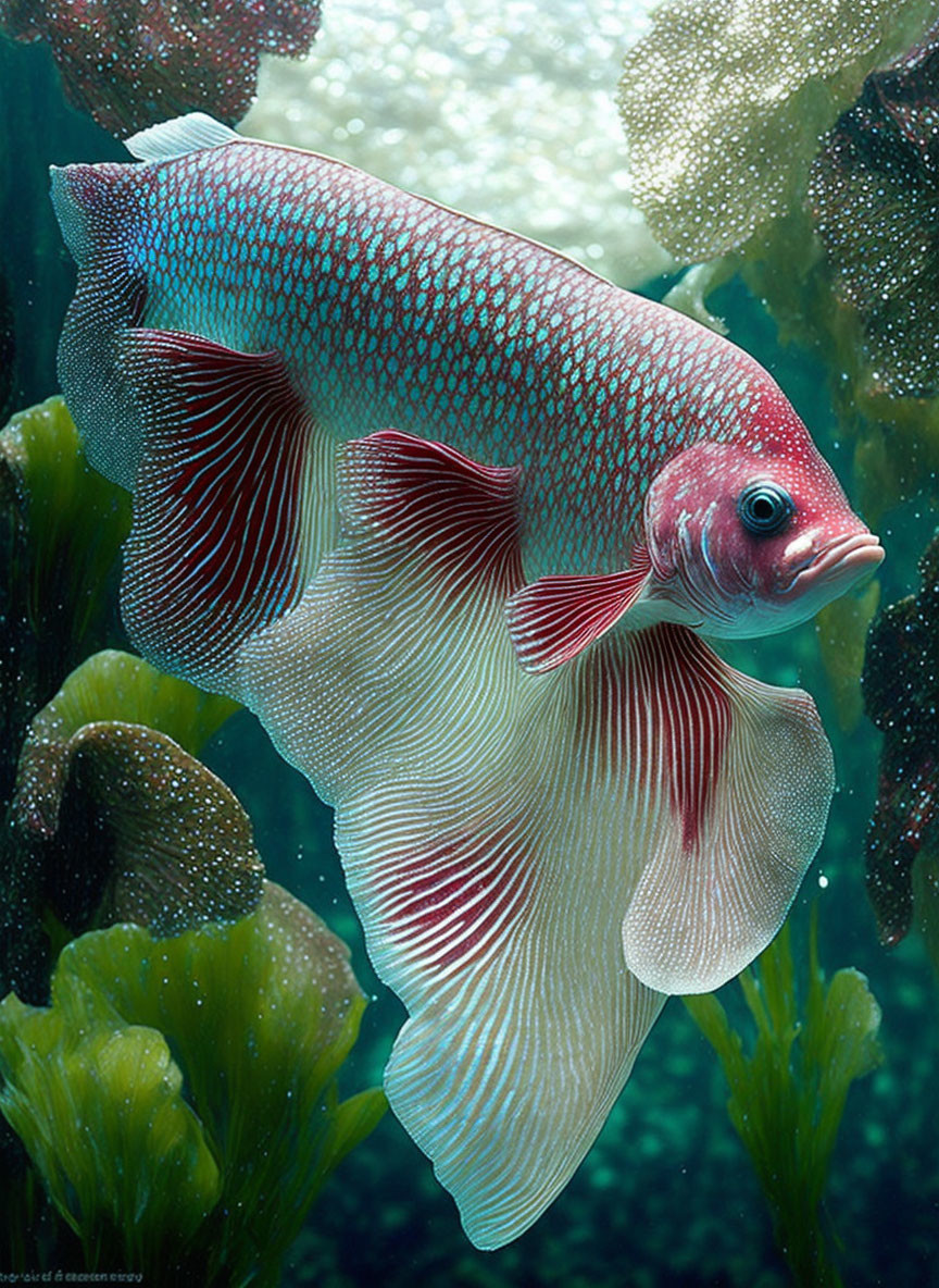 Colorful Fish with Red Spots and Translucent Fins in Green Underwater Scene