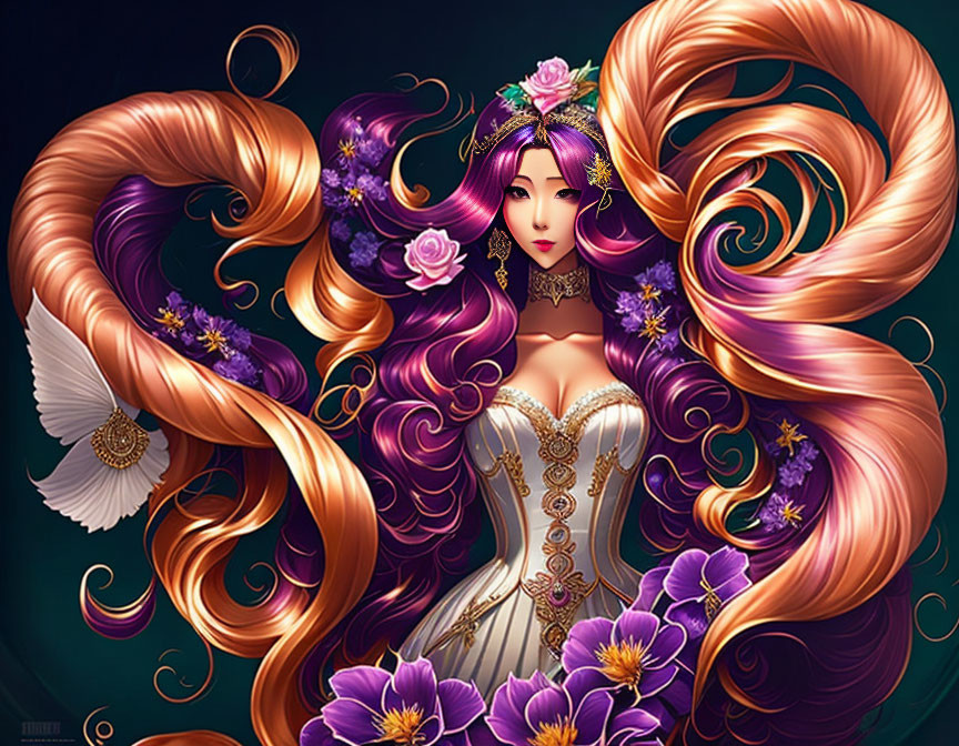Fantasy woman with auburn hair, white dress, purple flowers, and butterfly.