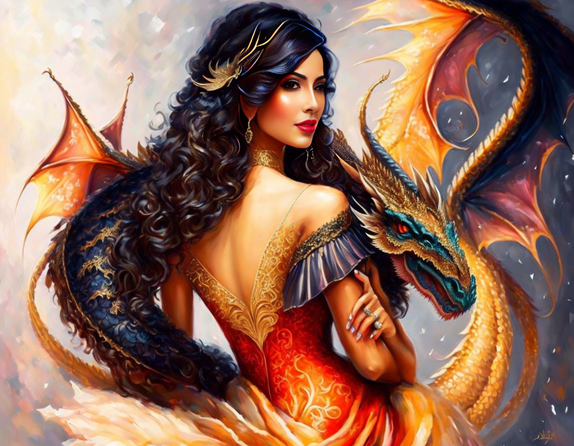 Woman in regal orange dress with dragon in fantasy setting